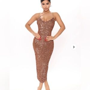 Fashion Nova Sequin Midi Dress in Bronze Gold